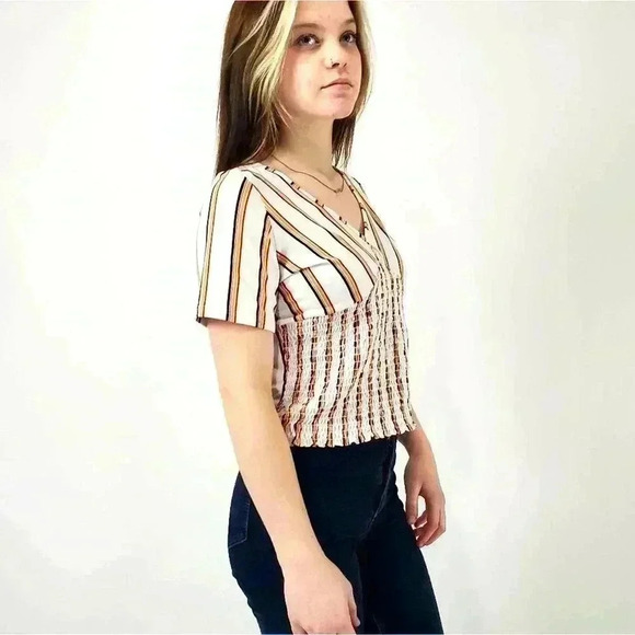 marci Rainbow Striped Cinched Stretchy Tee Top Blouse - M - Picture 6 of 6